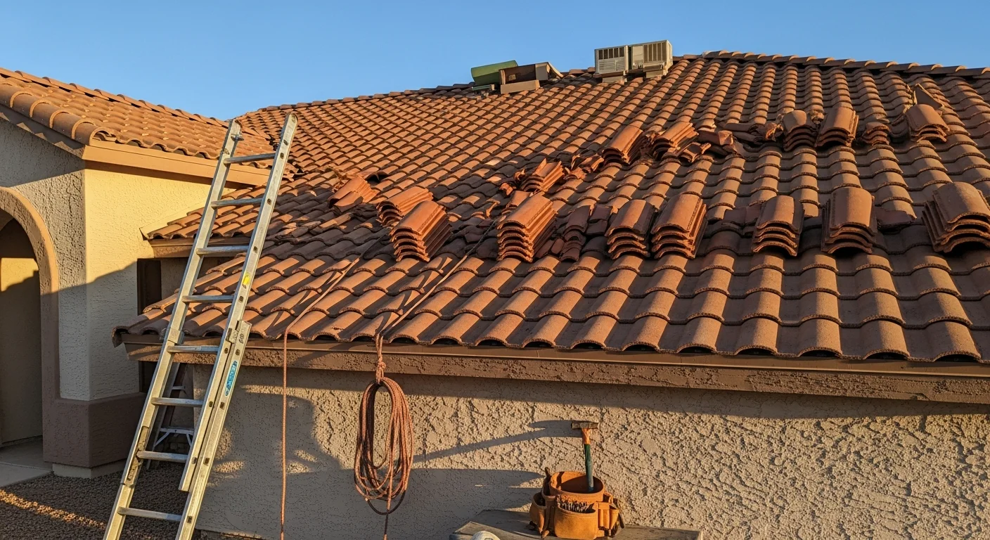 Roofer installing shingles on residential home in Phoenix area