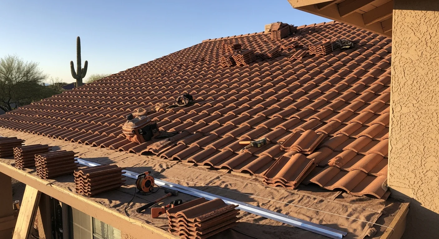 Close-up of tile roofing installation on Arizona home