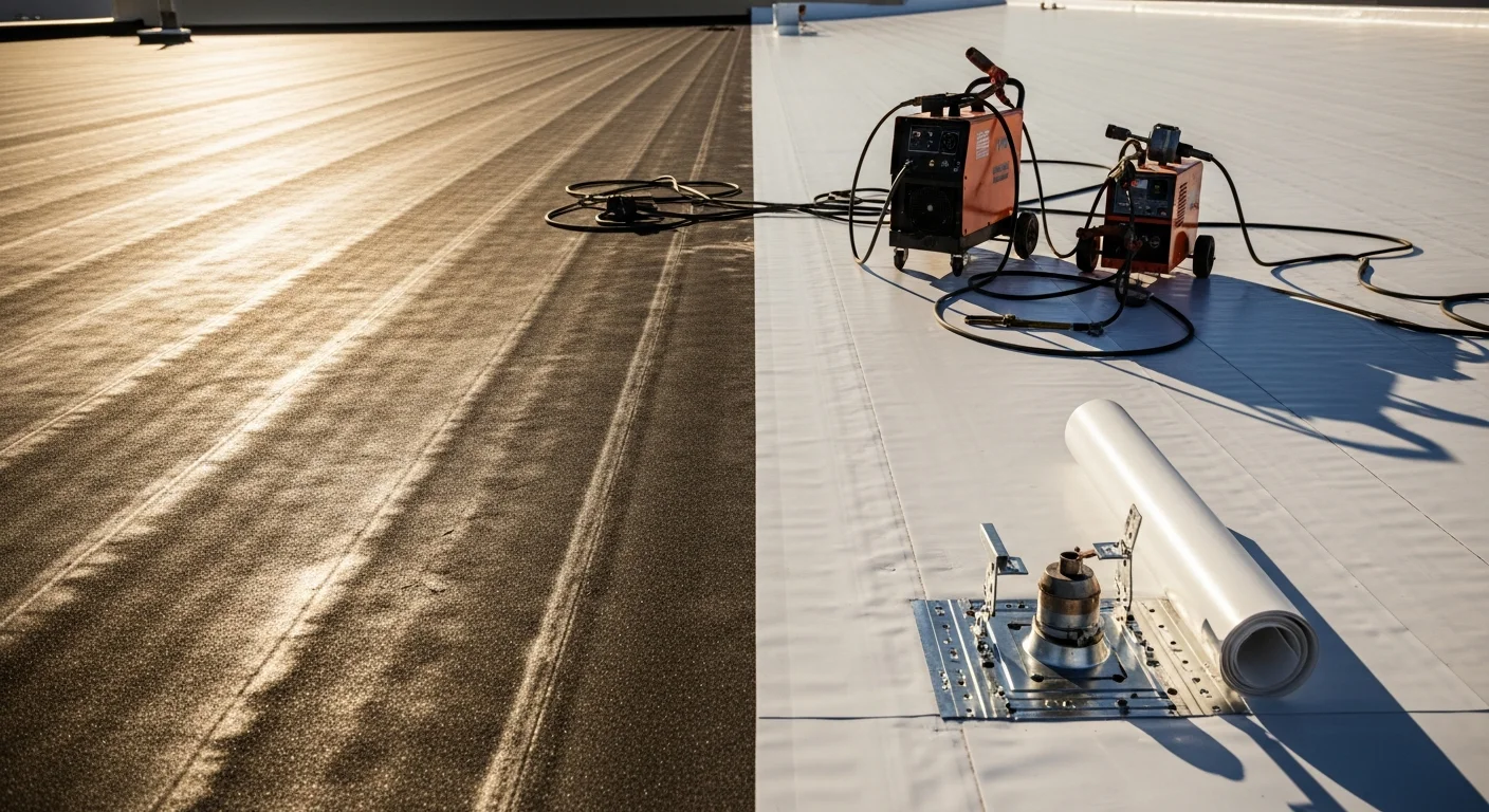 A flat commercial roof on a Greater Phoenix warehouse showing a light-colored reflective membrane with sealed HVAC curbs and clear drainage scuppers. The surrounding desert skyline and intense sunlight reflect the demanding climate conditions Arizona Native Builders works in daily.
