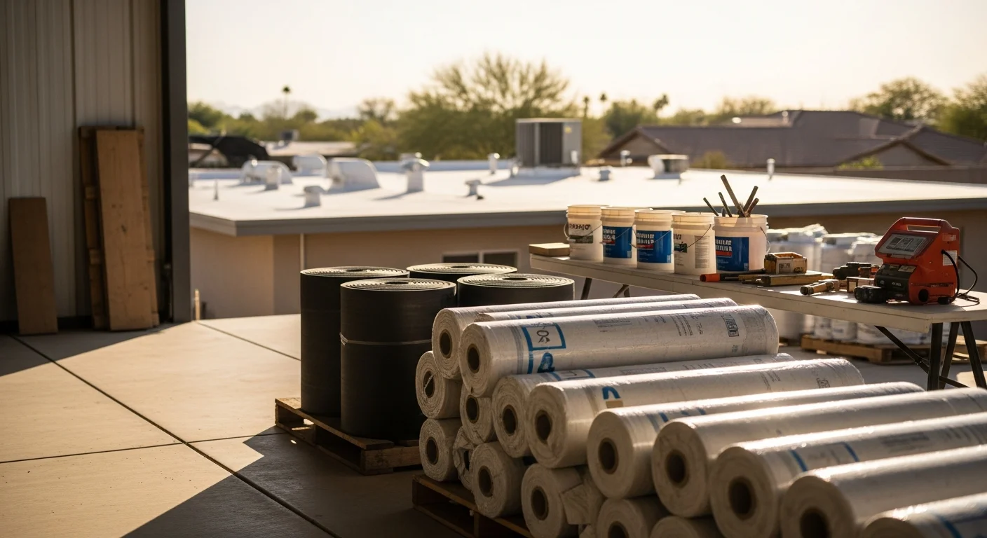 Close-up view of a flat roofing membrane installed on a low-slope residential roof in Greater Phoenix, Arizona. The light-colored reflective surface shows a clean, sealed finish suited for desert heat and monsoon weather conditions.