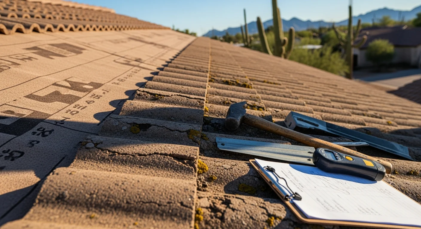 A residential tile roof on a single-story Phoenix home showing a completed replacement with clean ridge lines and intact flashing under a clear Arizona sky. The surrounding desert landscape and clay-tone roofing reflect the Greater Phoenix residential building style.