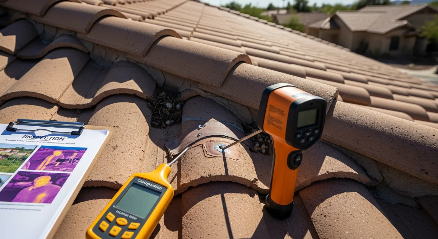 A roofing professional inspecting tile and flashing details on a residential roof in Greater Phoenix, Arizona. The image shows close-up assessment of a low-slope tile roof under clear desert sky conditions.