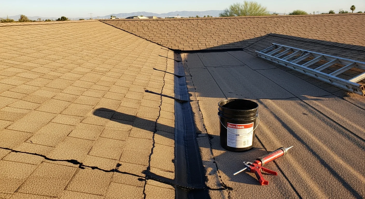 A Greater Phoenix residential roof showing tile surfaces and flashing details under clear desert sky, with a roofing contractor inspecting sealant and drainage areas during a routine maintenance visit.