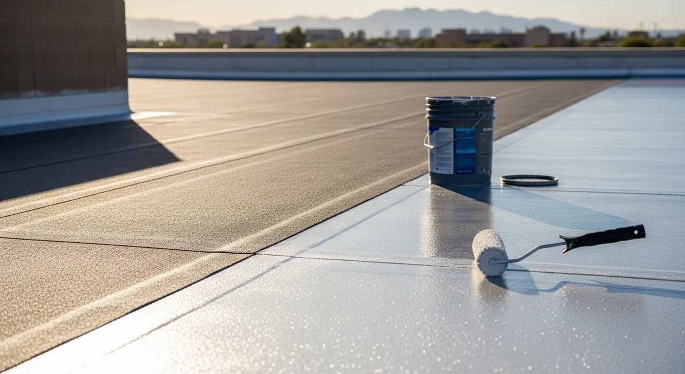 A freshly recoated flat roof on a single-story Phoenix-area home, showing a smooth, bright white reflective coating surface under clear Arizona sky. A roofing contractor from Arizona Native Builders applies the final coat along the roof edge.