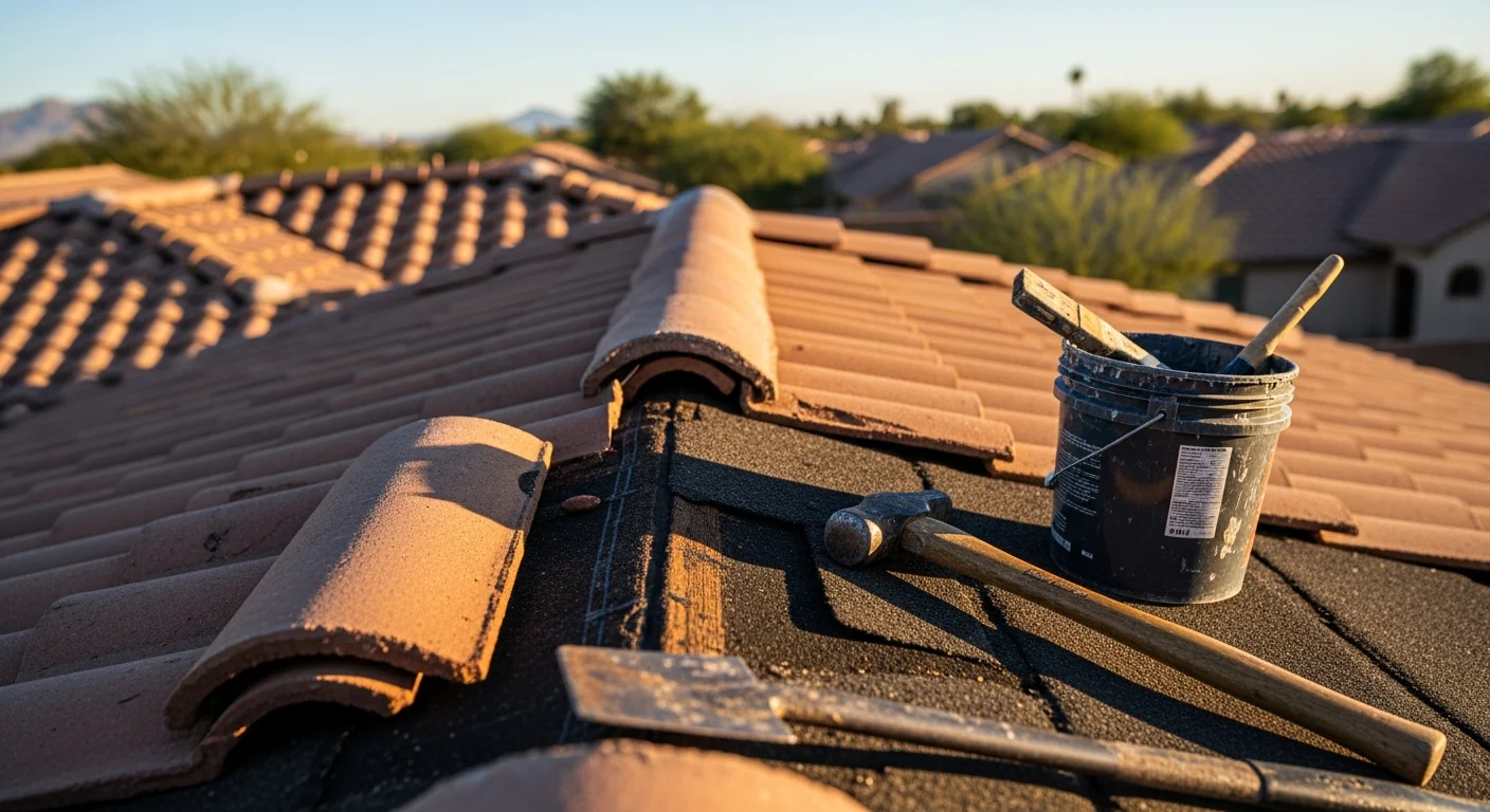 A roofing contractor repairing cracked clay tiles on a residential home in Greater Phoenix, Arizona, with visible underlayment exposed from monsoon wind damage. Close-up view of the repair area showing replaced tiles and resealed flashing around a rooftop vent.