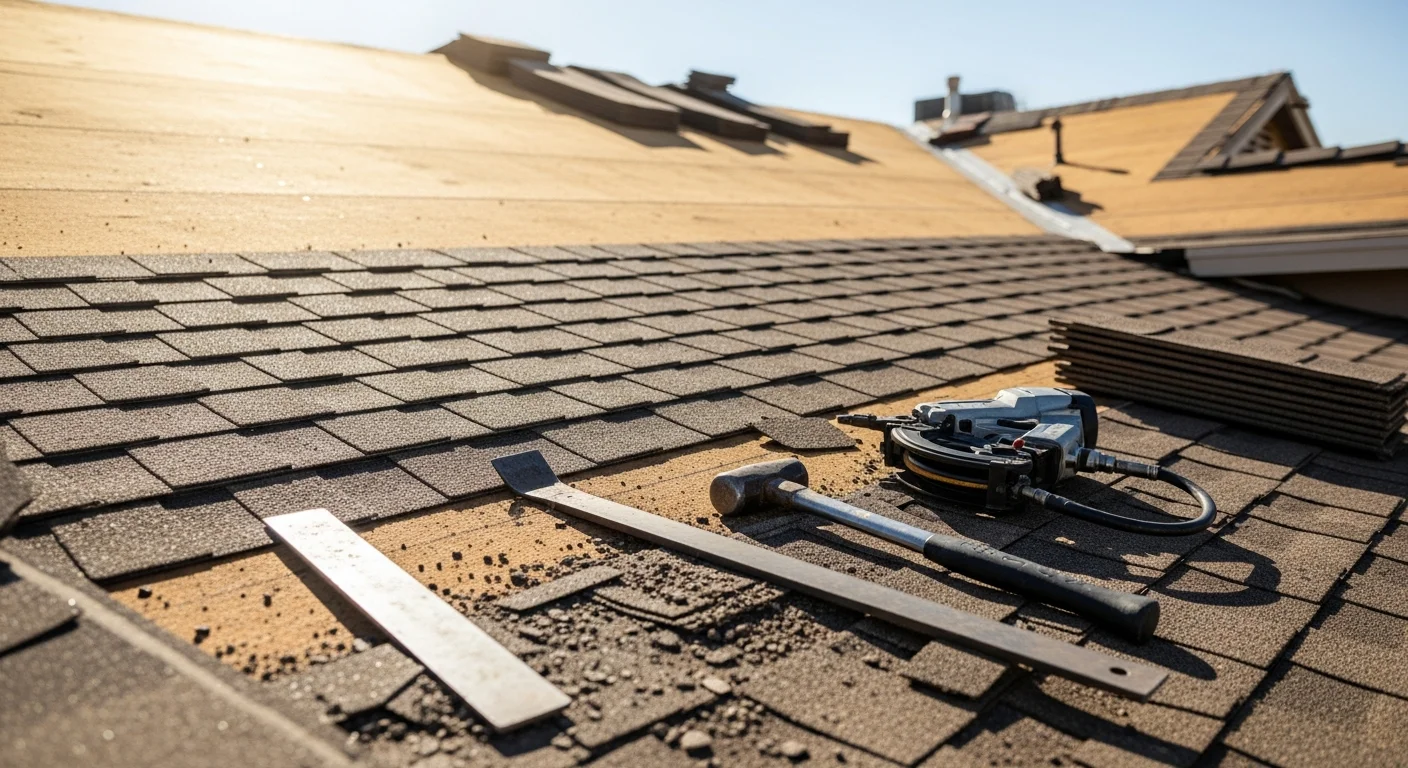 A completed residential roof replacement on a single-story Greater Phoenix home, showing a freshly installed tile roofing system under clear Arizona sky. New ridge caps, clean flashing lines, and uniform tile layout are visible across the full roofline.
