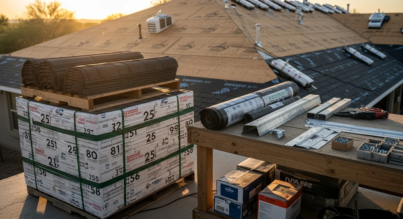 Newly installed shingle roof on a single-story residential home in Greater Phoenix, showing uniform rows of dimensional shingles under a clear desert sky. The roof slope and granule surface reflect the material's suitability for the Southwest's high UV and heat conditions.
