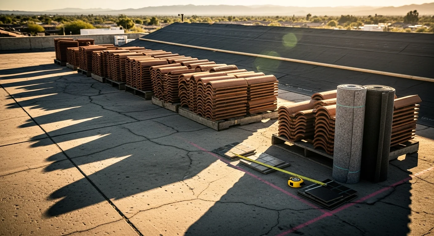 Stacks of clay and concrete roof tiles at a Greater Phoenix roofing supply yard, organized by profile and color for contractor pickup. Close view shows the texture and interlocking edges of tiles suited for desert residential construction.